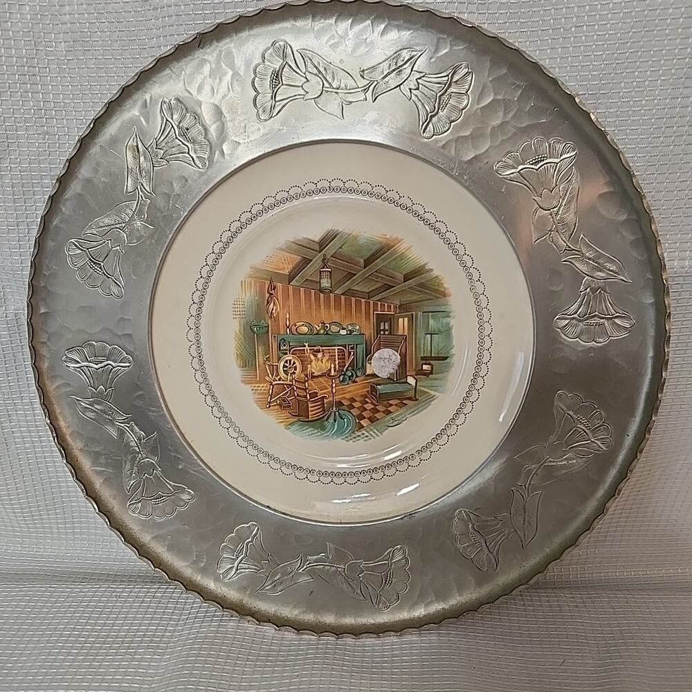 Vintage Farberware Hammered Aluminum Wrapped Ceramic Plate Hearth Floral Pattern